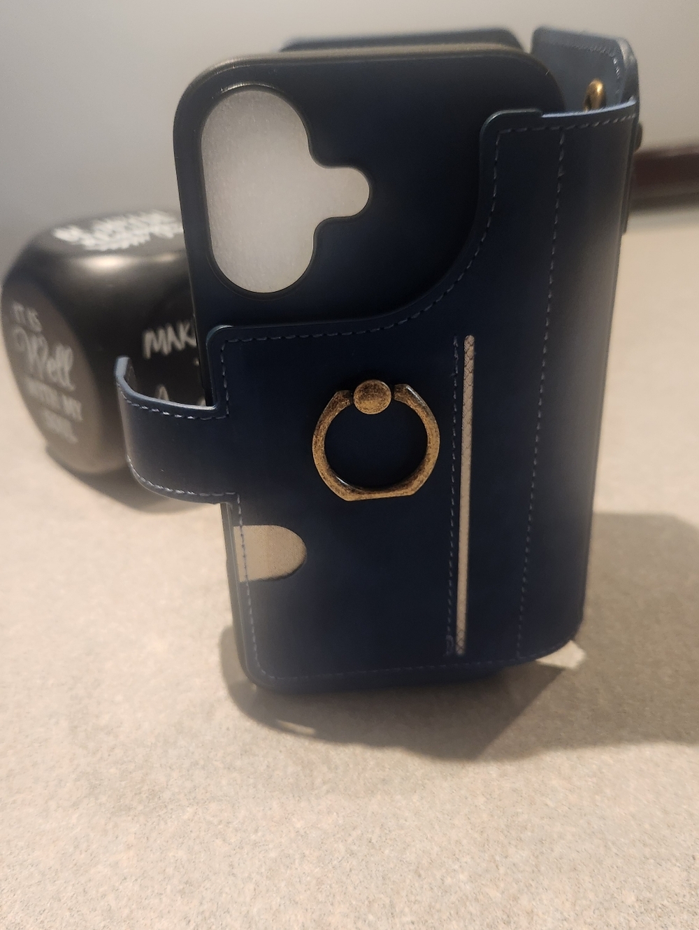 Universal Blue Leather Wallet Phone Case with Gold Ring Holder For IP17 - Picture 5 of 10